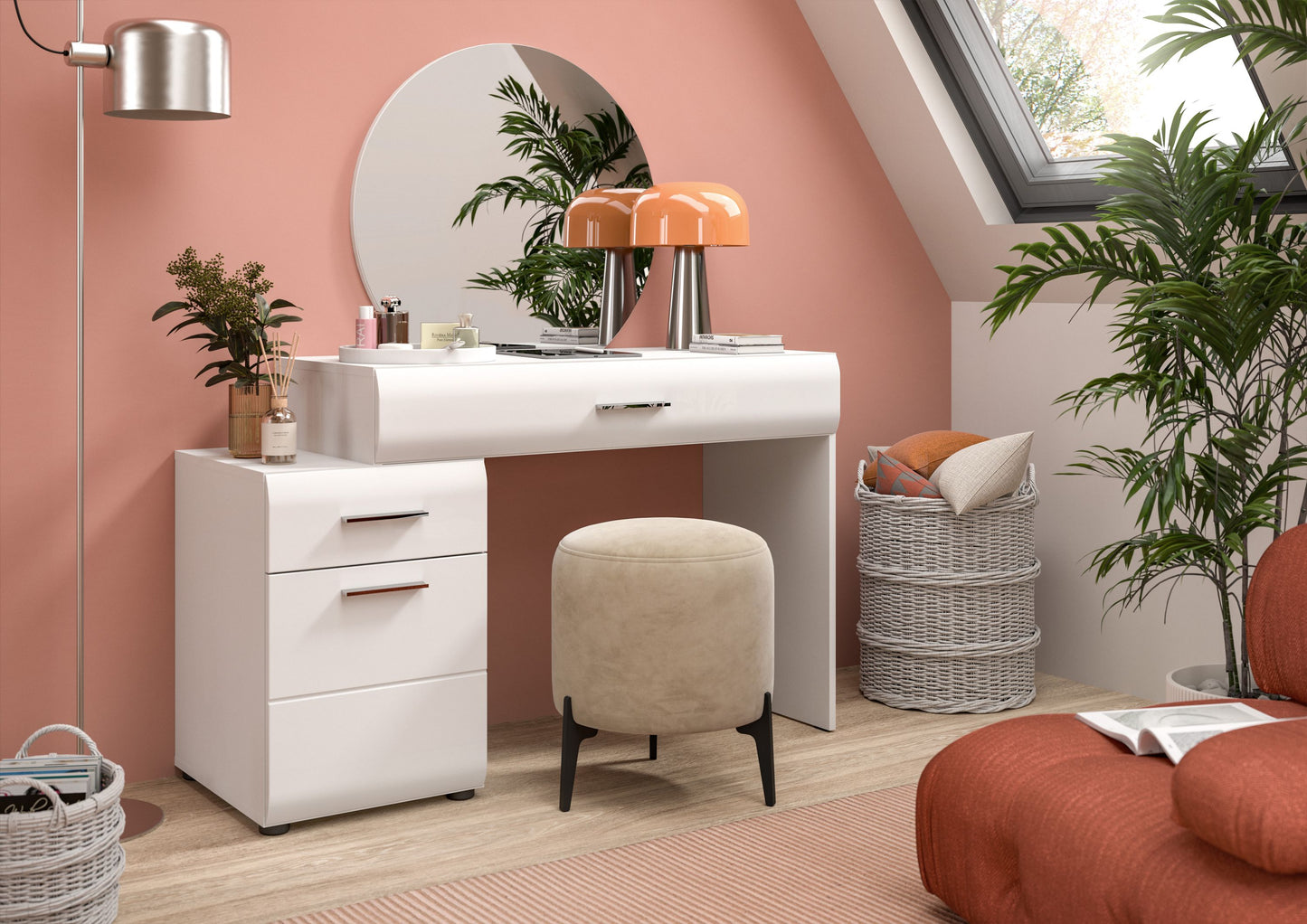 Coiffeuse avec miroir ICE (L/H/P : env. 120/138/47 cm) en blanc/blanc brillant