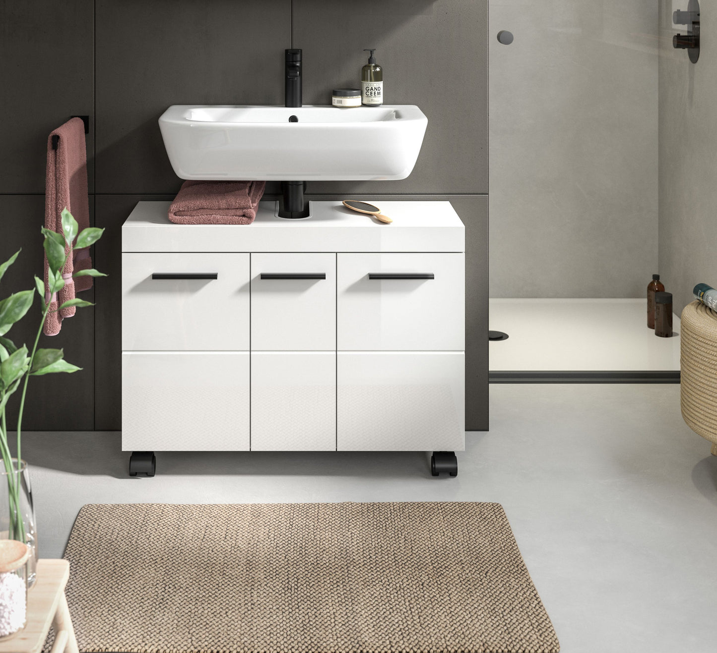 Meuble bas de lavabo sur roulettes NOVA (L/H/P : env. 80/58/30 cm) en blanc/blanc brillant