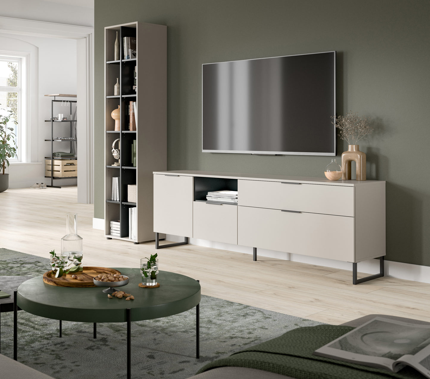 Wohnzimmerschrank-Set mit hohem Schrank und Sideboard, hellgraue Fronten auf Füßen
