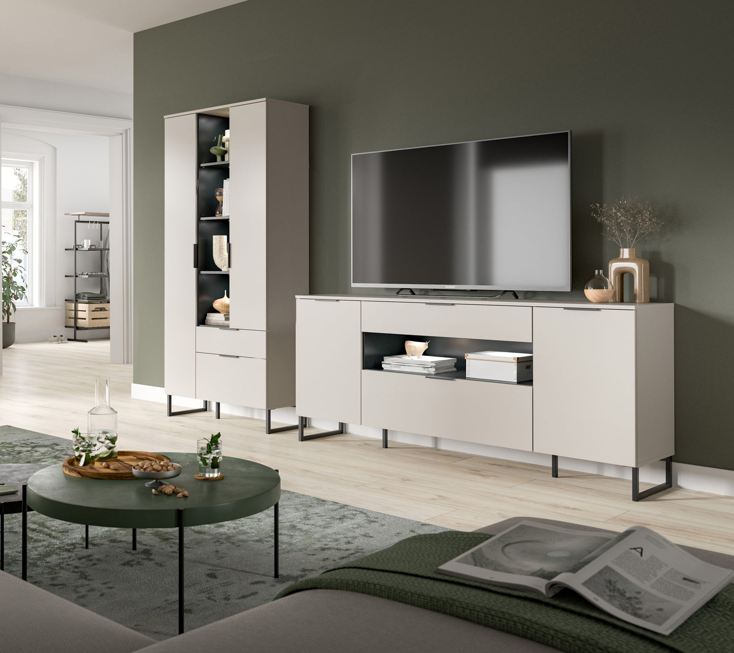 Wohnwand-Set 2-tlg. in hellgrau: Vitrine mit offenen Fächern und TV-Sideboard