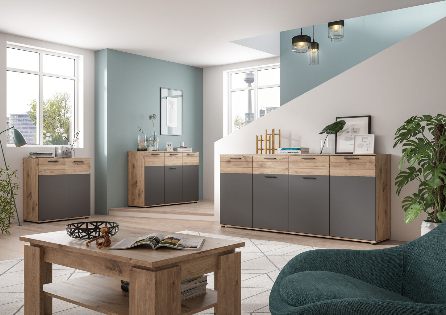 Sideboard im Wohnraum, Eichenoptik mit grauen Fronten und Schubladen