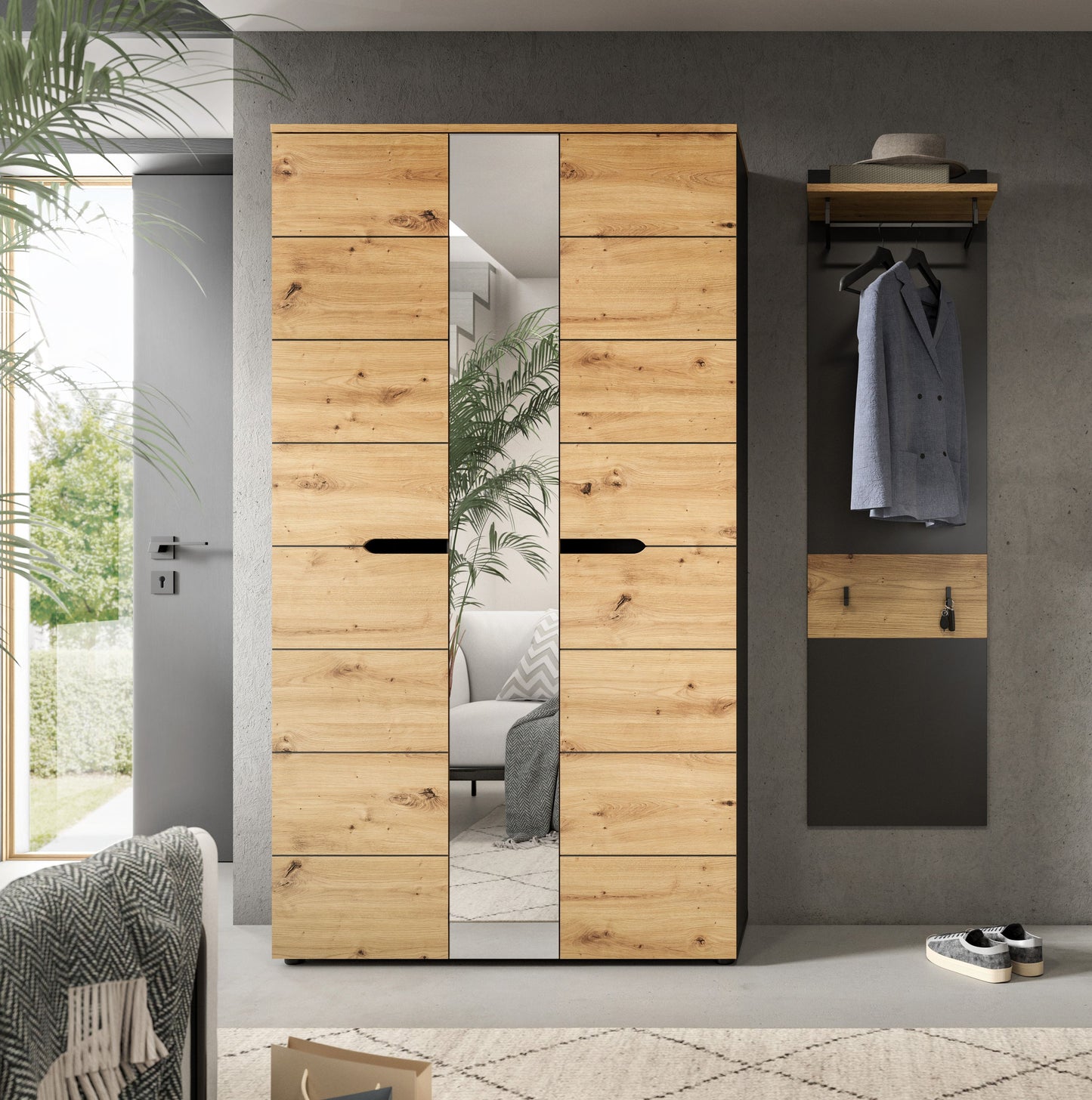 Garderobenschrank mit Spiegeltür, Paneel mit Ablage und Haken, helles Holzdekor, Anthrazit