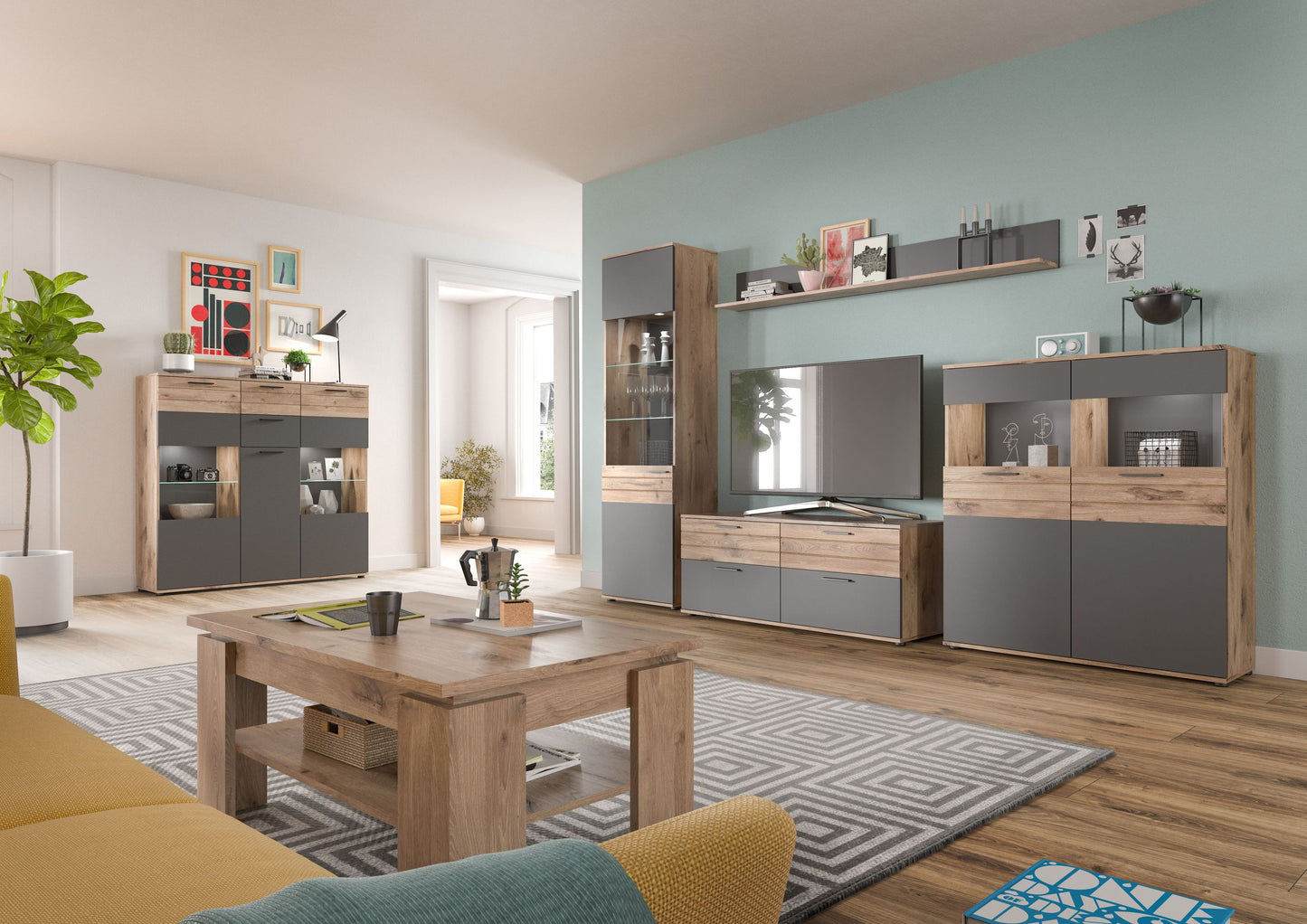 Wohnwand-Set im Wohnbereich: TV-Kommode und Schrankwand mit offenen Nischen in Holzoptik