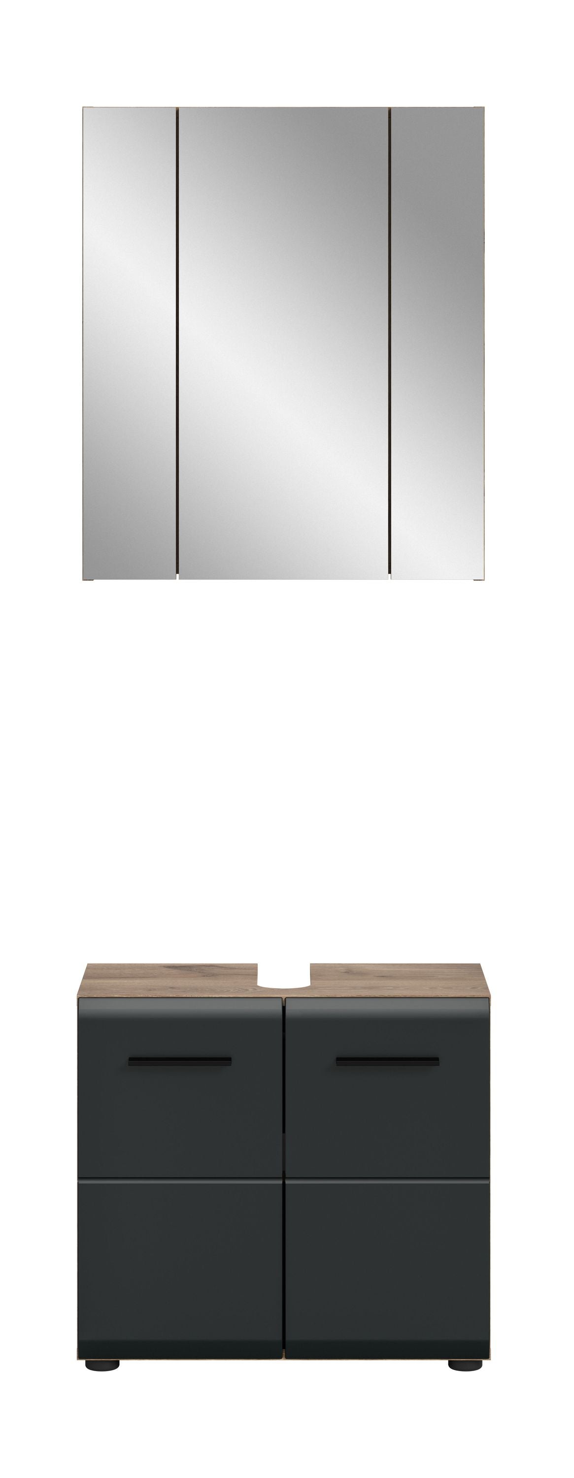 Badmöbelset mit Spiegelschrank und Unterschrank, dunkelgrau, zwei Schubladen