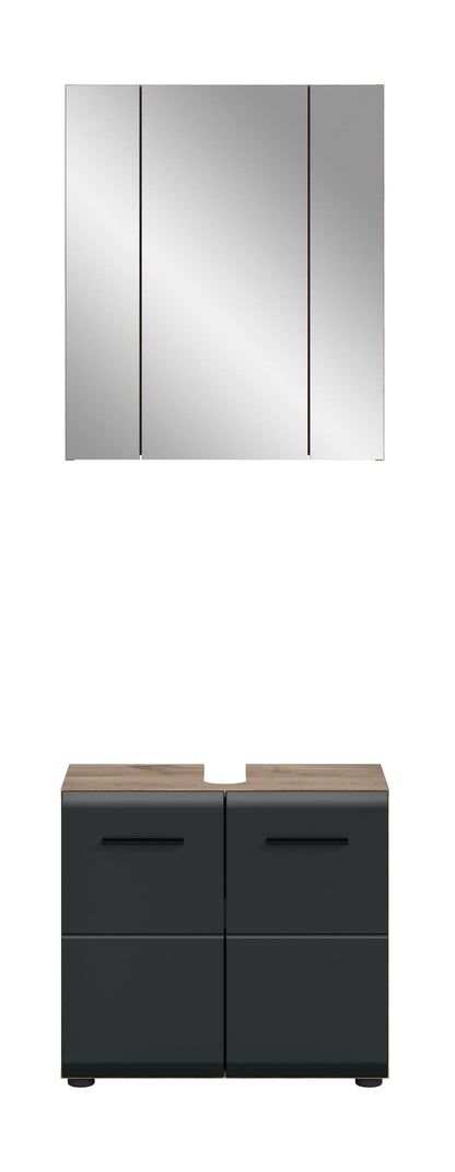 Badmöbelset mit Spiegelschrank und Unterschrank, dunkelgrau, zwei Schubladen