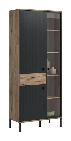 Vitrine de rangement CHESS (L/H/P : env. 83/198/41 cm) en imitation chêne Nox/noir