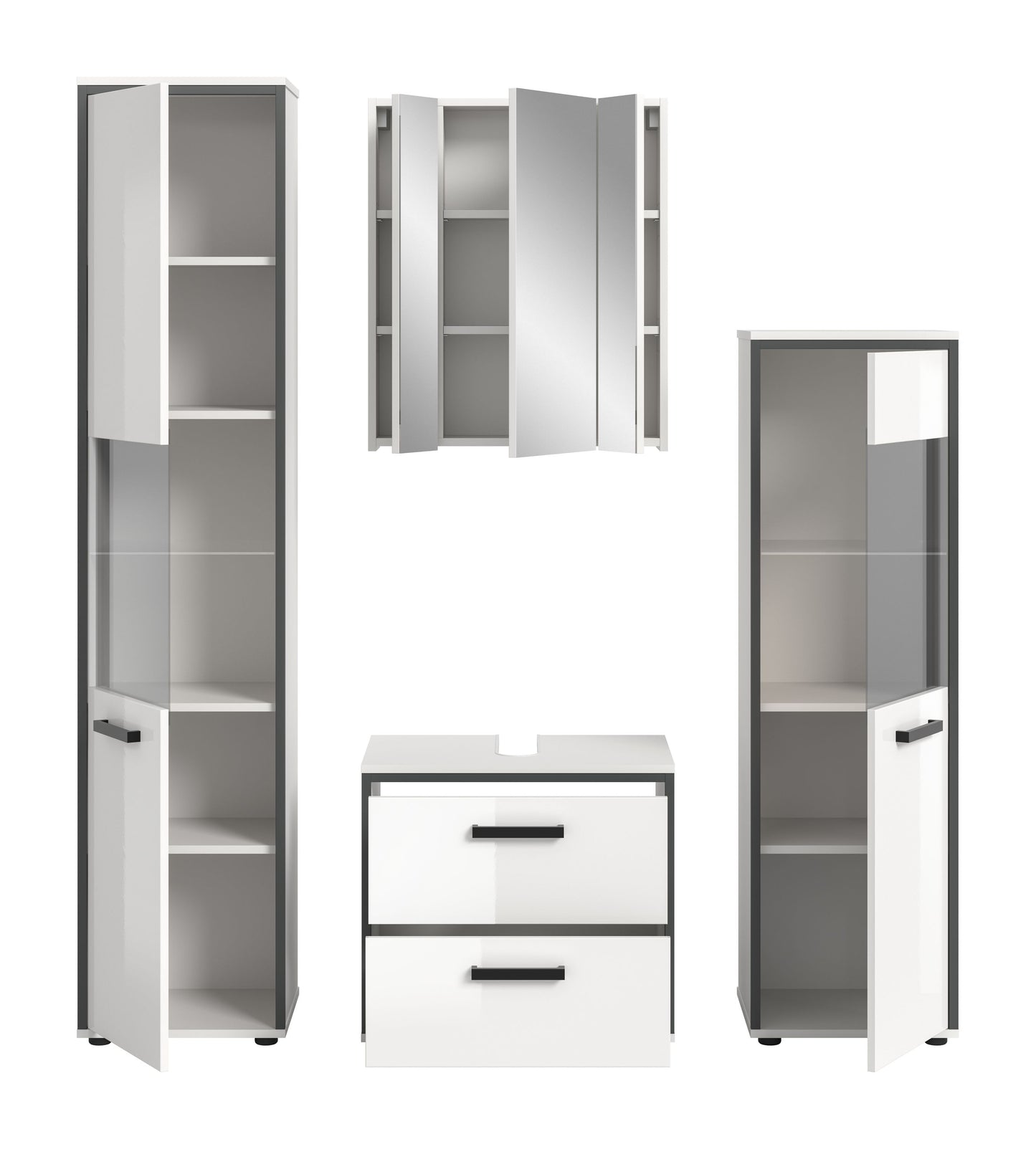 Badmöbel-Set (4-tlg.) Weiß Hochglanz: offene Hochschränke, Spiegelschrank und Unterschrank