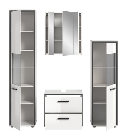 Badmöbel-Set (4-tlg.) Weiß Hochglanz: offene Hochschränke, Spiegelschrank und Unterschrank