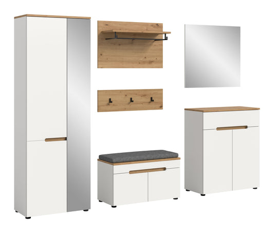 Garderoben-Set in Weiß mit Holzdekor, Schrank, Sitzbank und seitlichem Stauraum