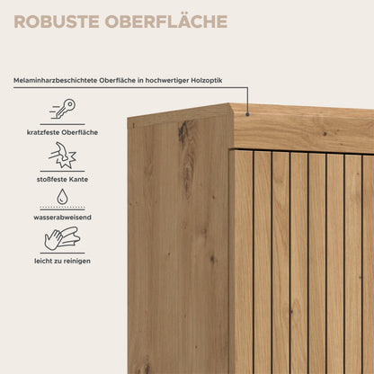 Badezimmerschrank mit melaminbeschichteter Holzoberfläche und offener Fachzone