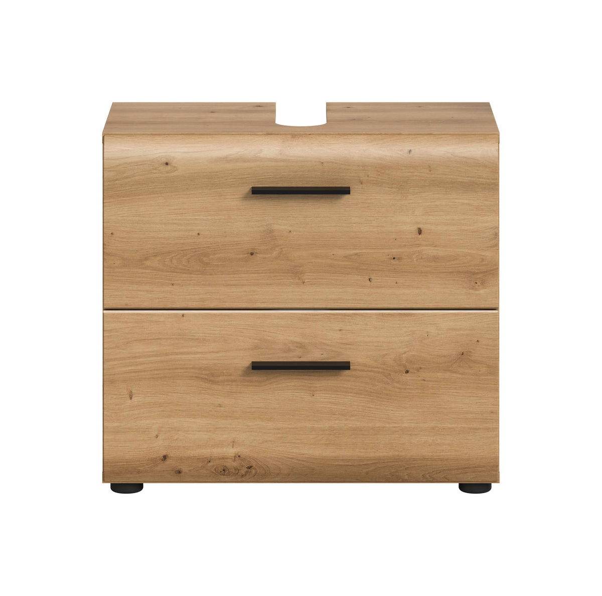 Waschbeckenunterschrank 60 cm, Front mit zwei Schubladen, naturfarbenes Holz, schwarze Griffe