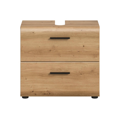 Waschbeckenunterschrank 60 cm, Front mit zwei Schubladen, naturfarbenes Holz, schwarze Griffe