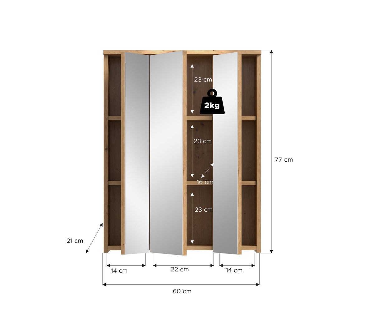 Badspiegelschrank 60 cm breit, 3 Spiegeltüren; Maße ca. 77×60×14 cm, Gewicht 2 kg