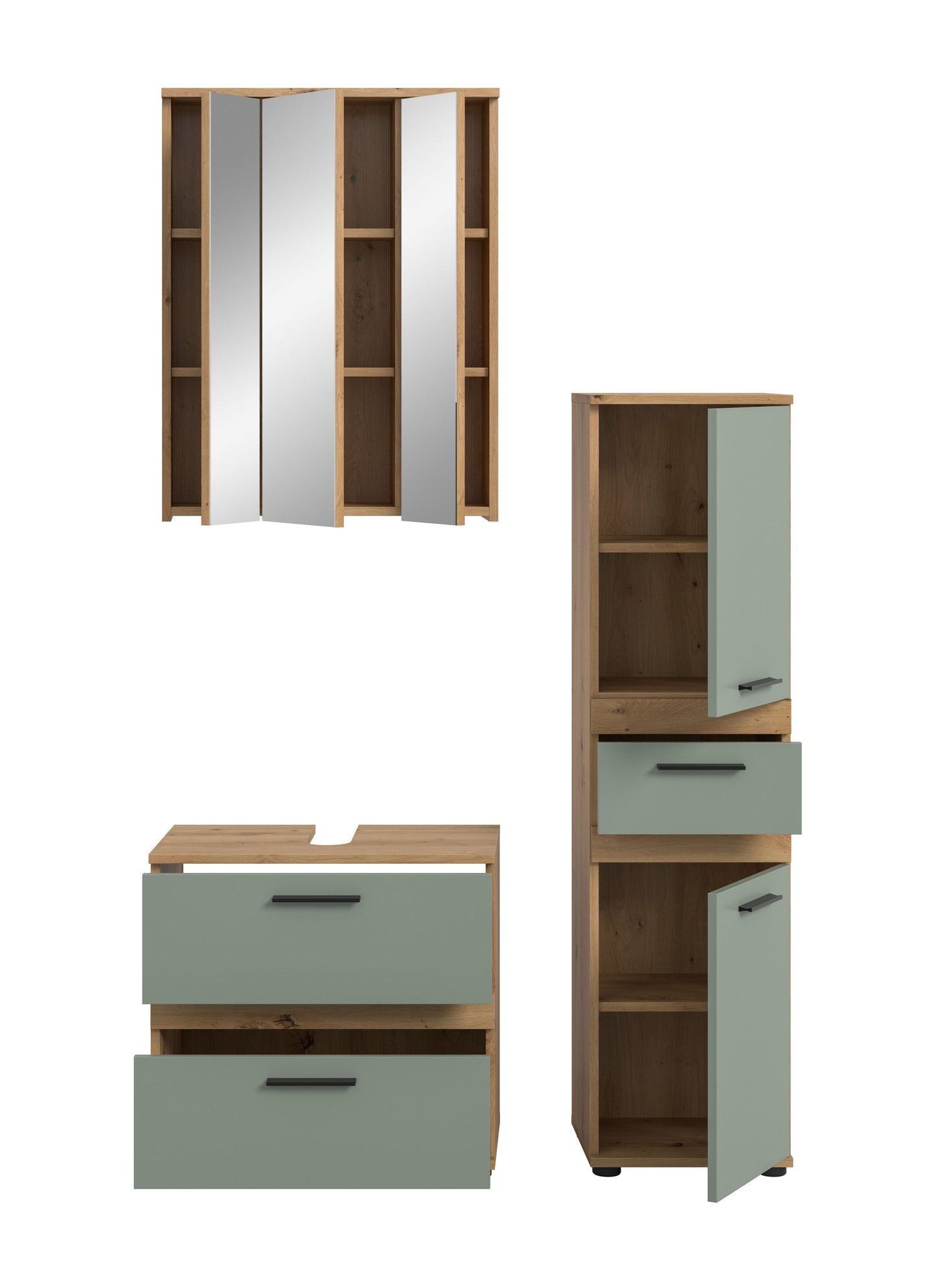 Badmöbel-Set: Hochschrank mit offenen Fächern und Waschtischkommode mit Schubladen