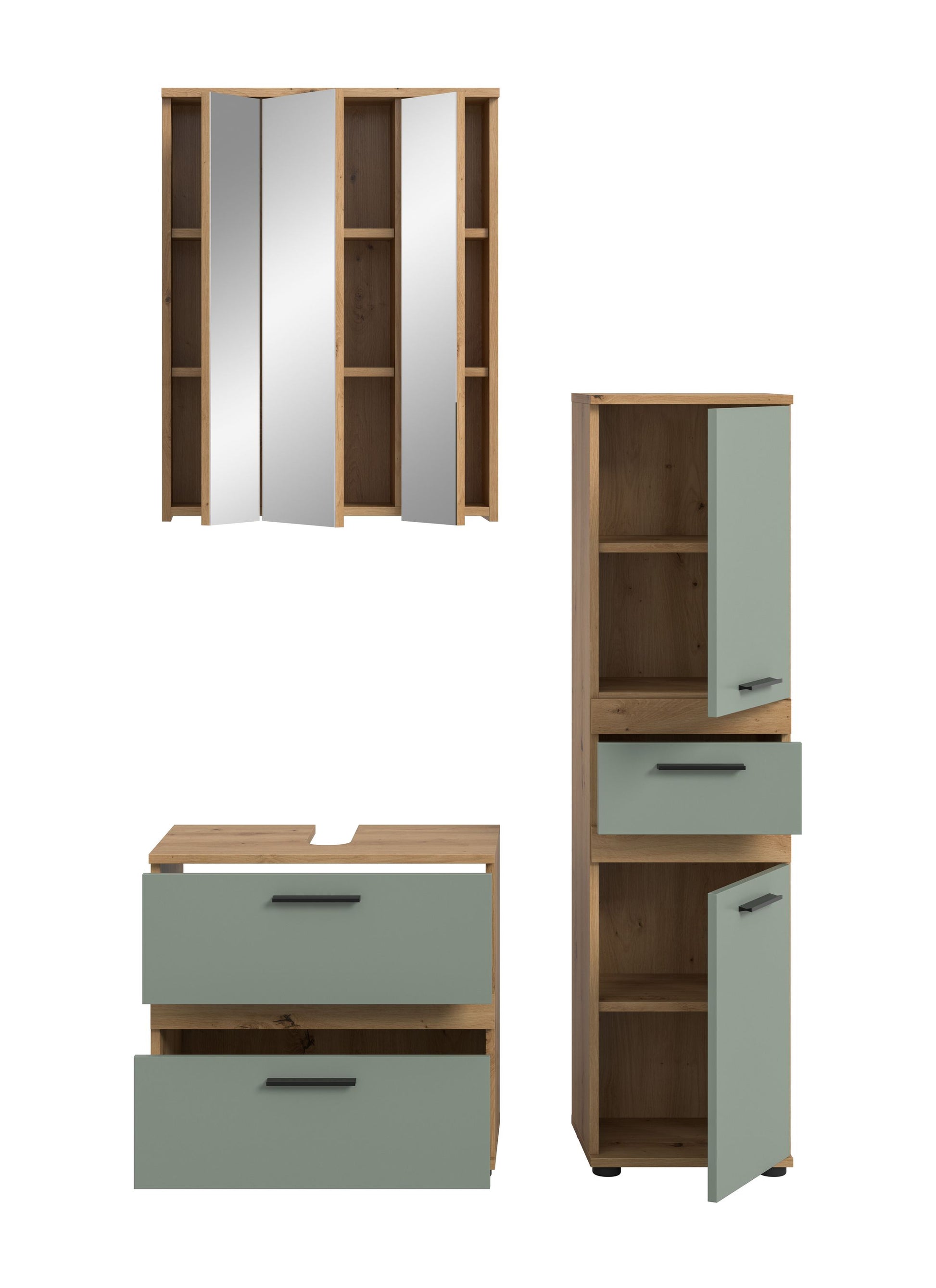 Badmöbel-Set: Hochschrank mit offenen Fächern und Waschtischkommode mit Schubladen