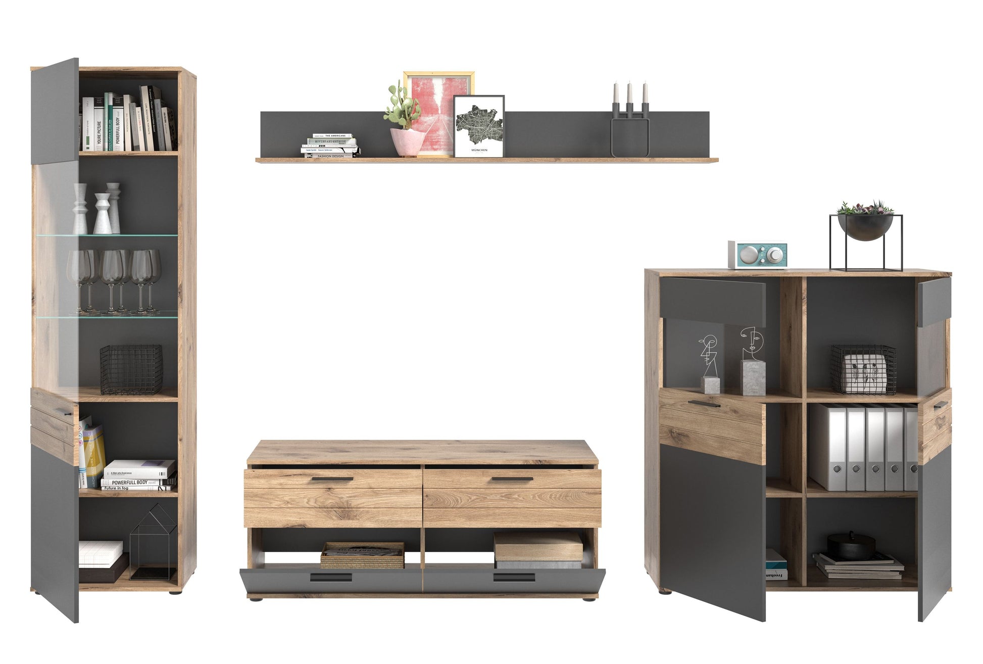 Wohnwand-Set mit Vitrine links, TV-Bank mit Schubfächern und offenem Schrank rechts