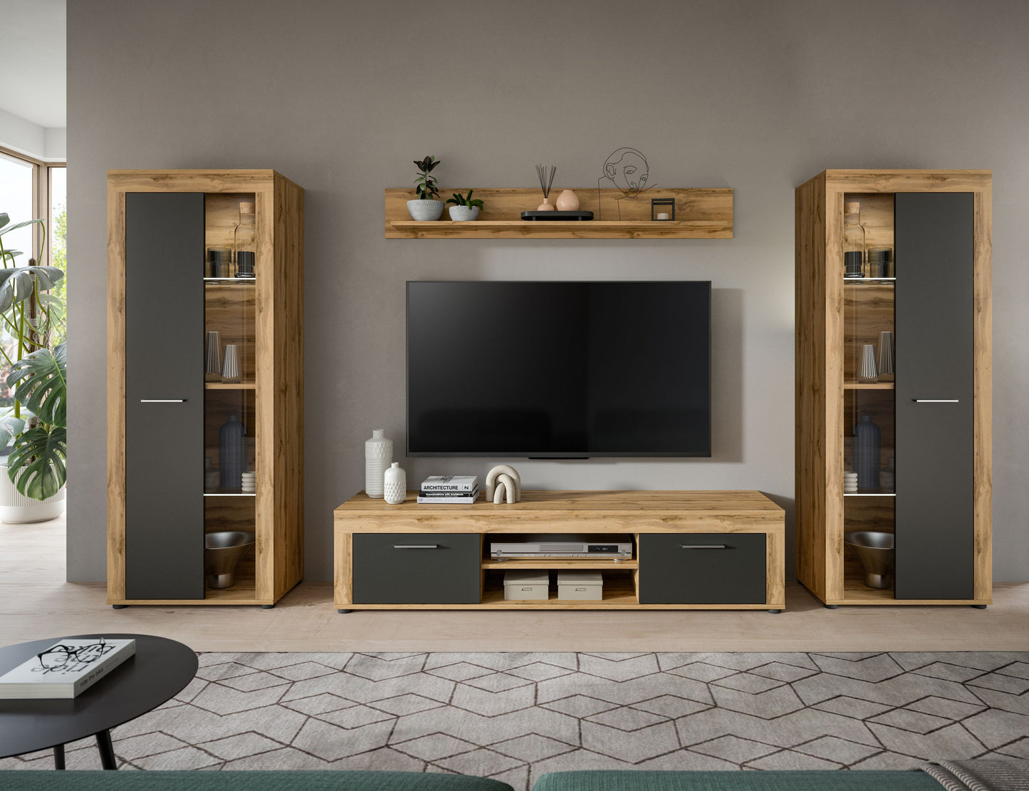 Ensemble meuble TV JAM (L/H/P : env. 310/159/40 cm) imitation chêne Wotan/gris