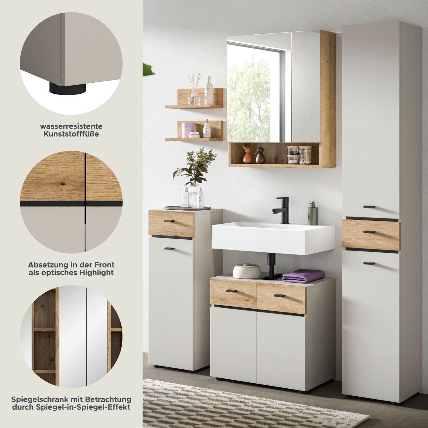 Ensemble de salle de bain AQUA (L/H/P : env. 154/191/35 cm) en cachemire/cachemire