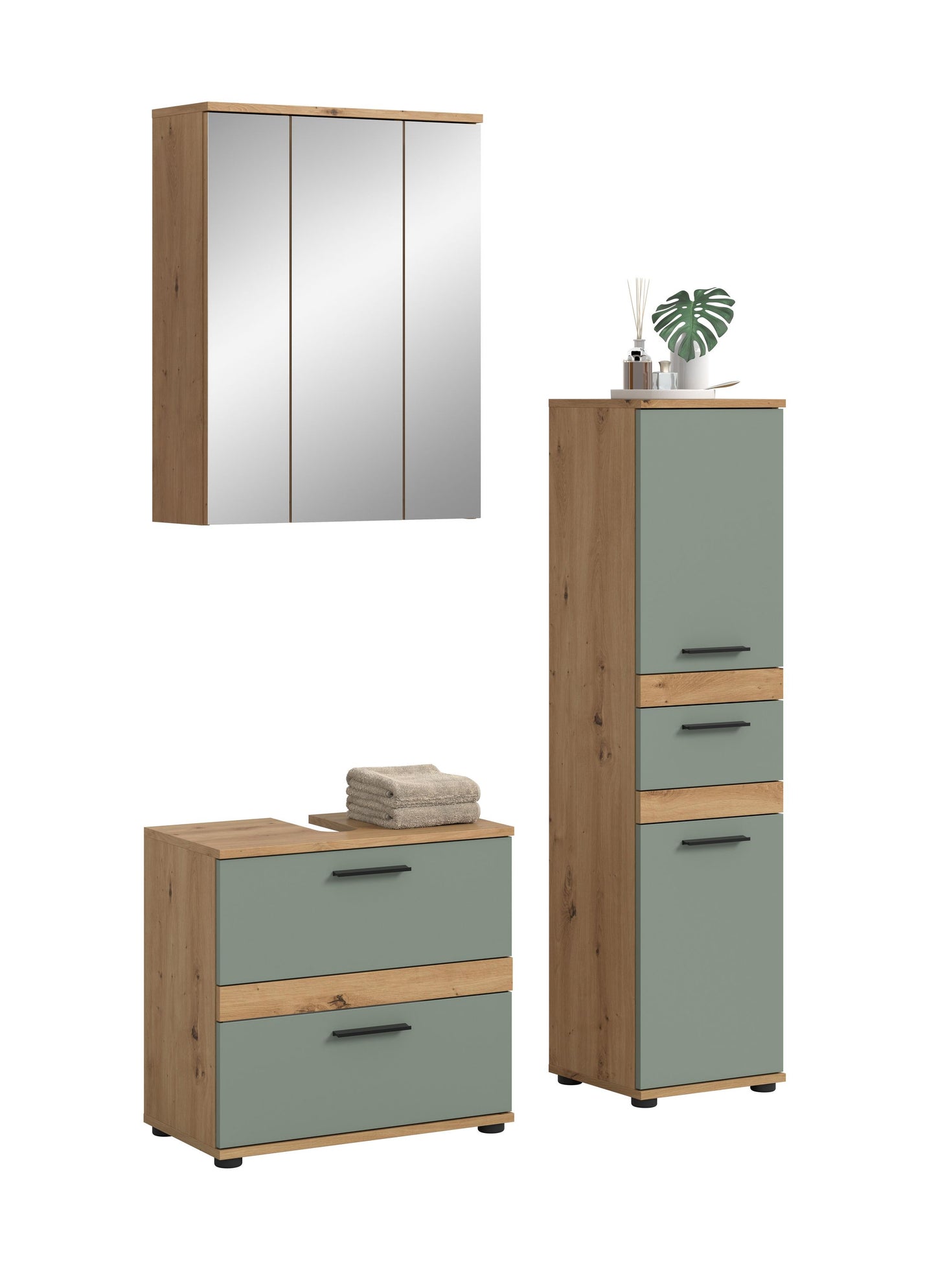 Badmöbel-Set mit Spiegel, Waschtischkommode mit Schubladen und Hochschrank mit Auszügen