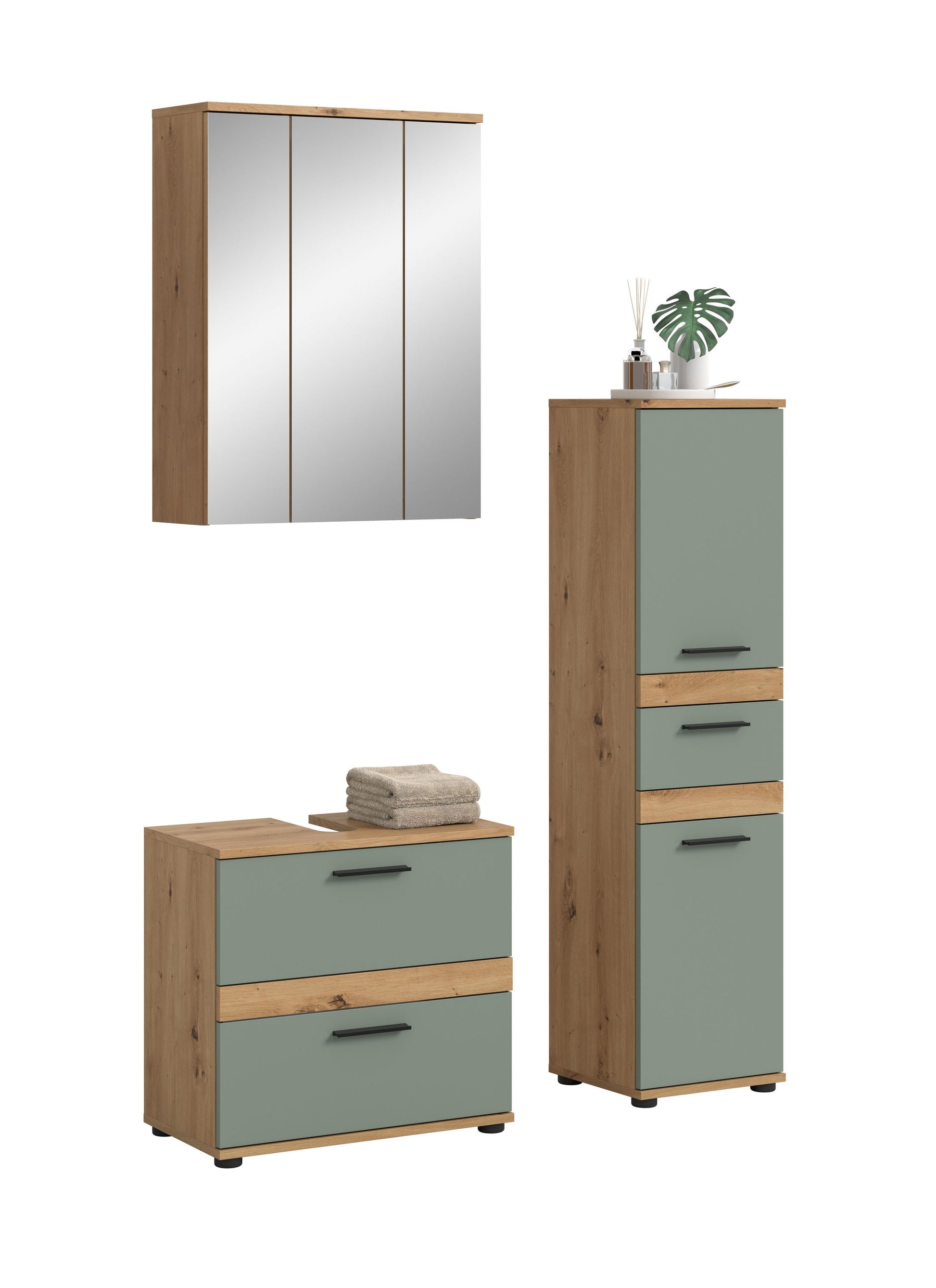 Badmöbel-Set mit Spiegel, Waschtischkommode mit Schubladen und Hochschrank mit Auszügen