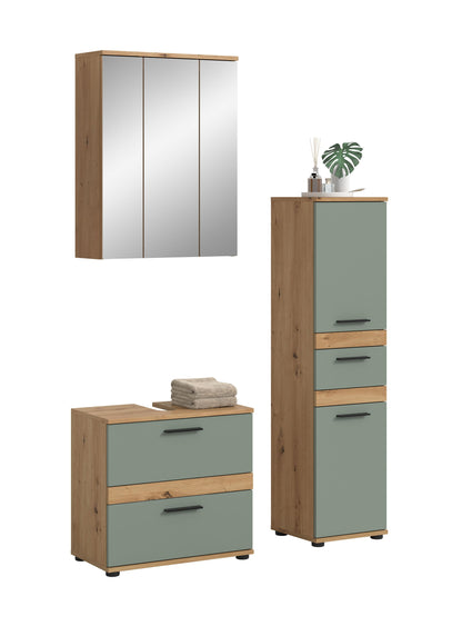 Badmöbel-Set mit Spiegel, Waschtischkommode mit Schubladen und Hochschrank mit Auszügen
