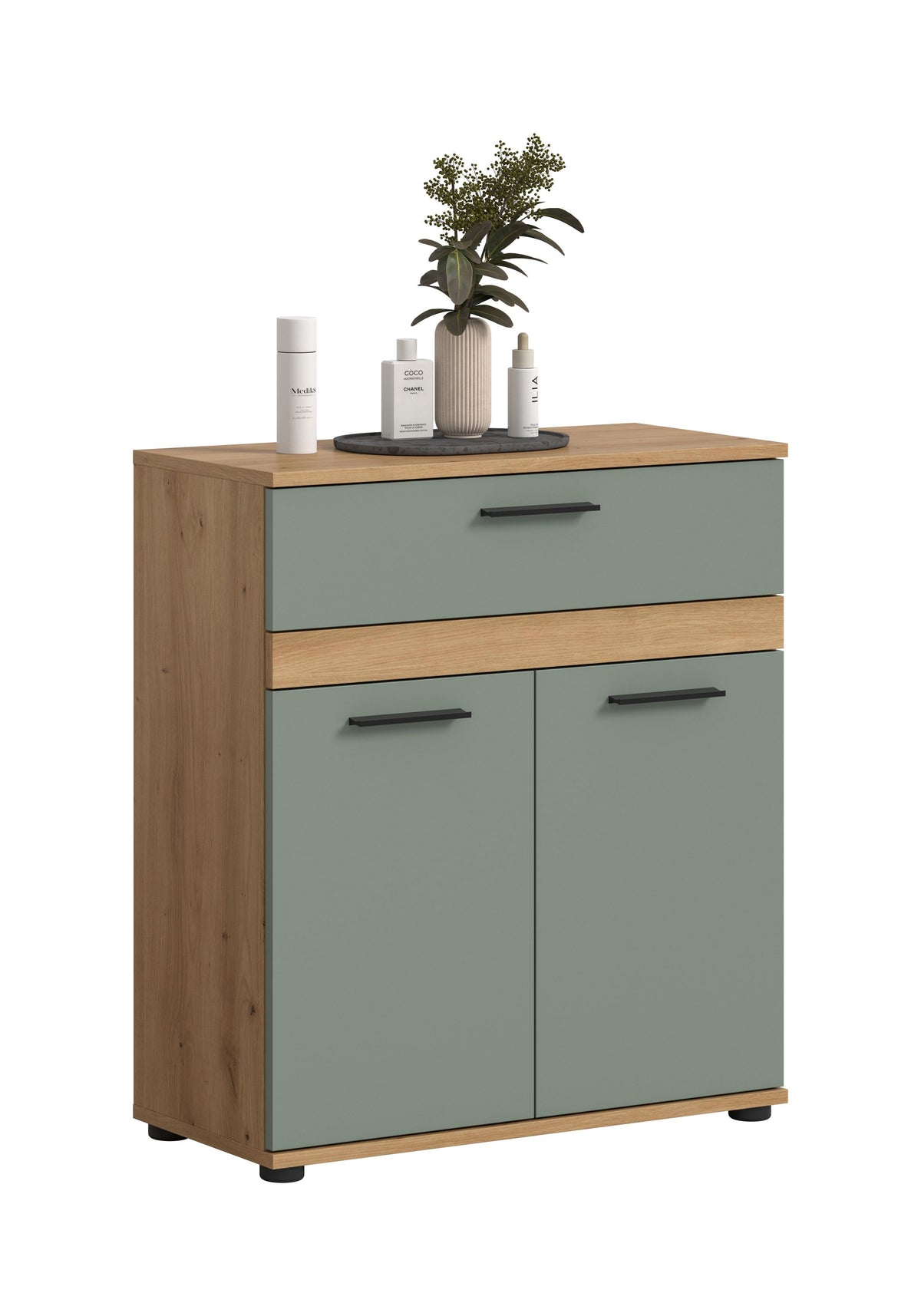 Badezimmerschrank mit Schublade, mintgrün, Holzplatte, rechteckige Griffe