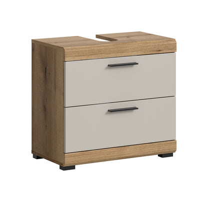 Waschbeckenunterschrank 60 cm mit weißer Front, schwarzen Griffen und Holzoptik-Seiten