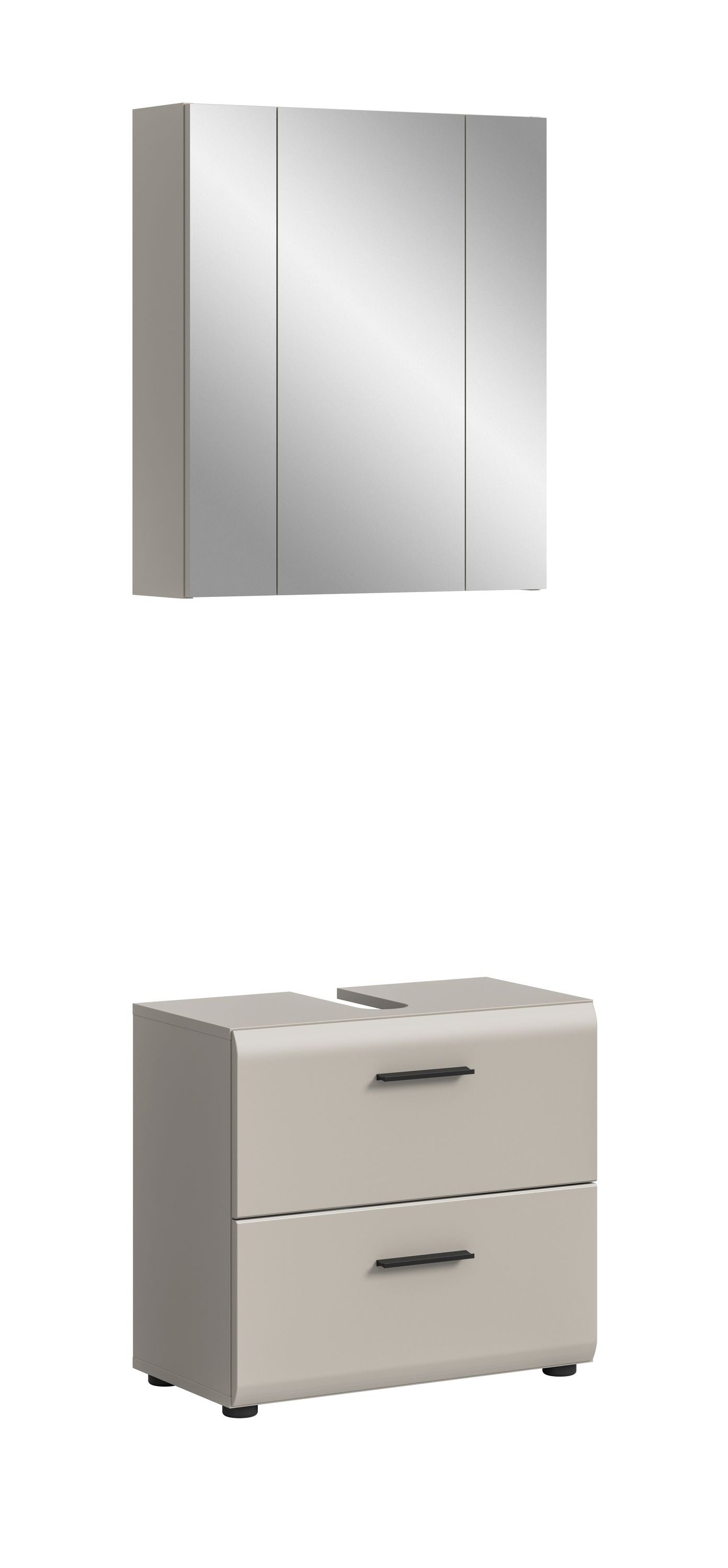Badmöbelset mit Spiegelschrank und Waschtischunterschrank in hellem Grau, 2 Schübe