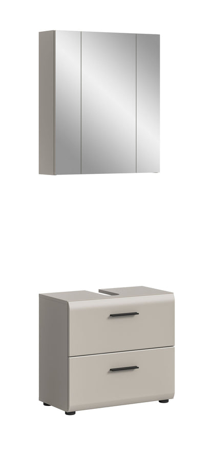 Badmöbelset mit Spiegelschrank und Waschtischunterschrank in hellem Grau, 2 Schübe