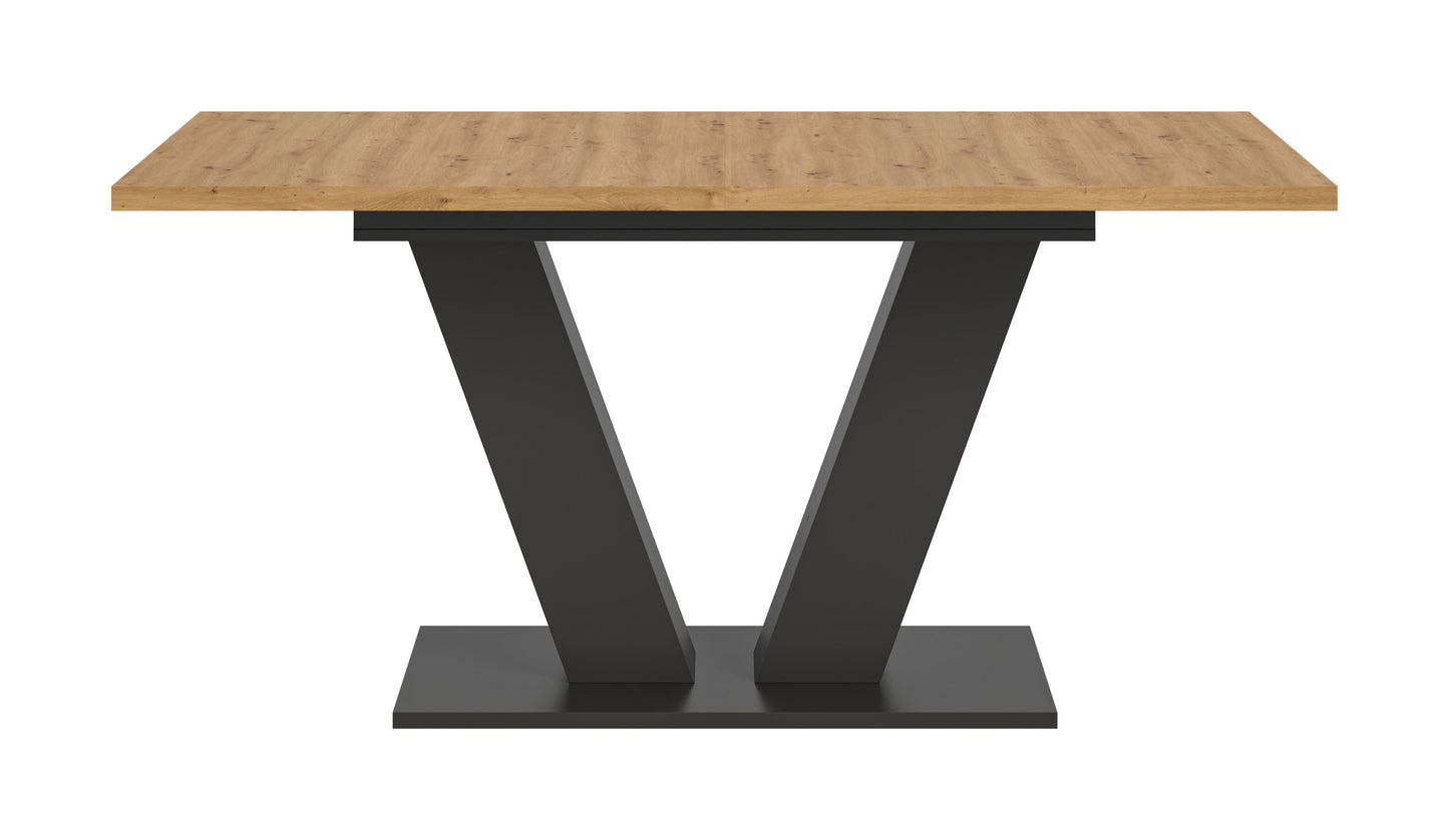 Esstisch mit hellem Holz-Top und schwarzem X-Gestell, Seitenansicht, rechteckig