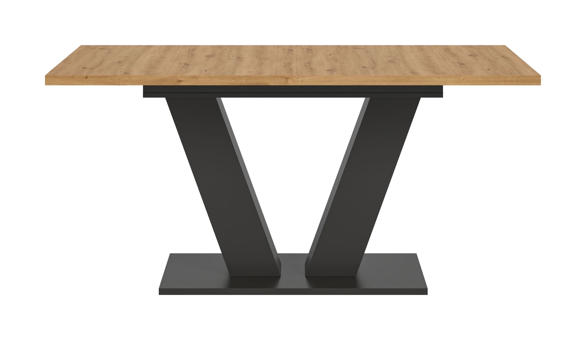 Esstisch mit hellem Holz-Top und schwarzem X-Gestell, Seitenansicht, rechteckig