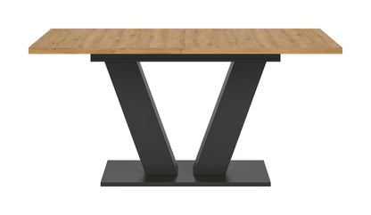 Esstisch mit hellem Holz-Top und schwarzem X-Gestell, Seitenansicht, rechteckig