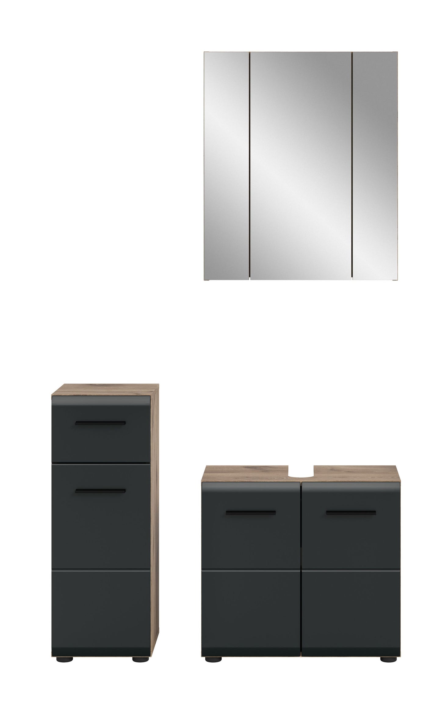 3-teiliges Badmöbel-Set in dunkler Front mit Holzoberseite: Hochschrank und Unterschrank