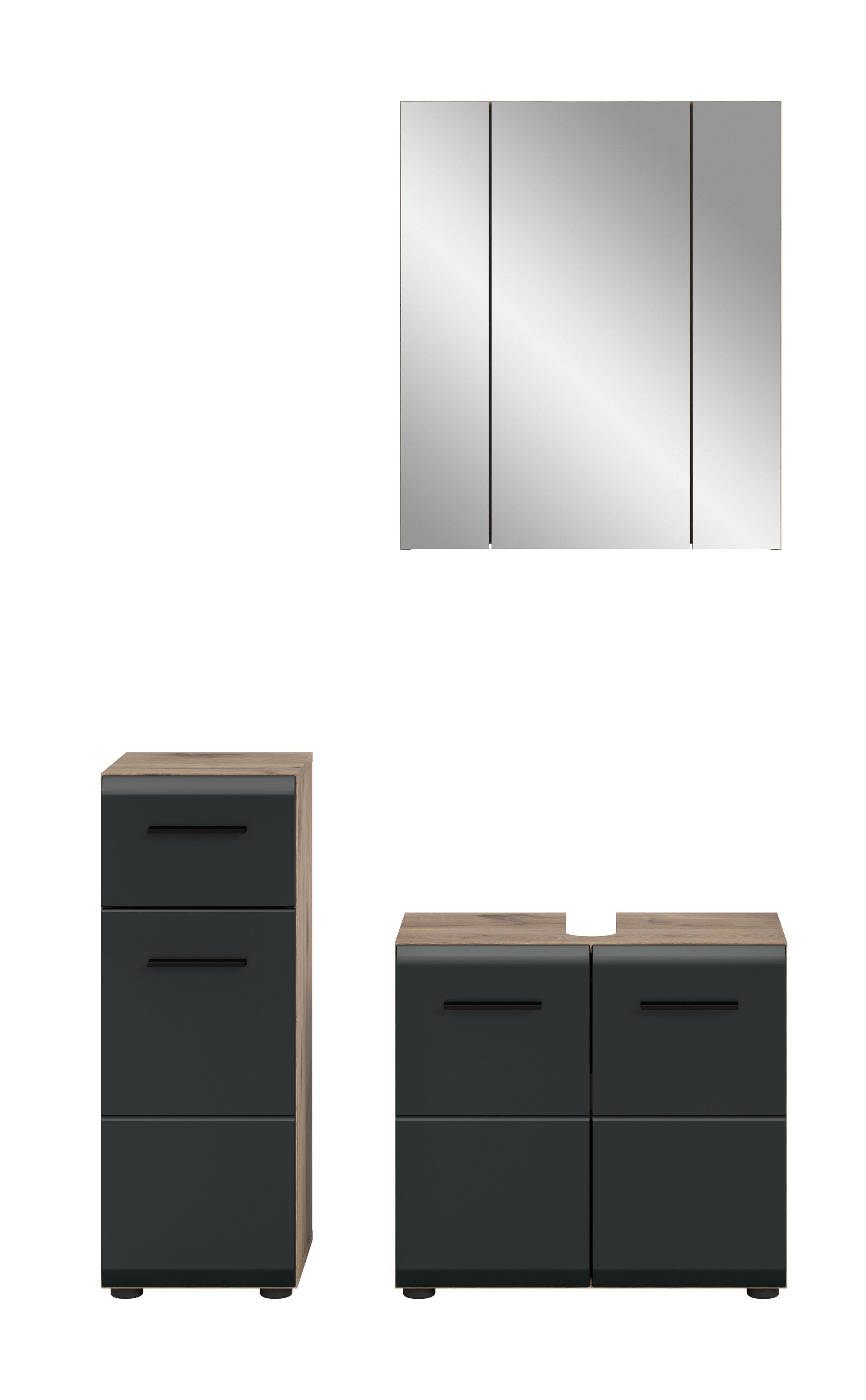 3-teiliges Badmöbel-Set in dunkler Front mit Holzoberseite: Hochschrank und Unterschrank