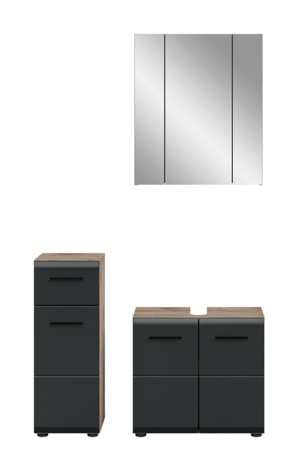 3-teiliges Badmöbel-Set in dunkler Front mit Holzoberseite: Hochschrank und Unterschrank