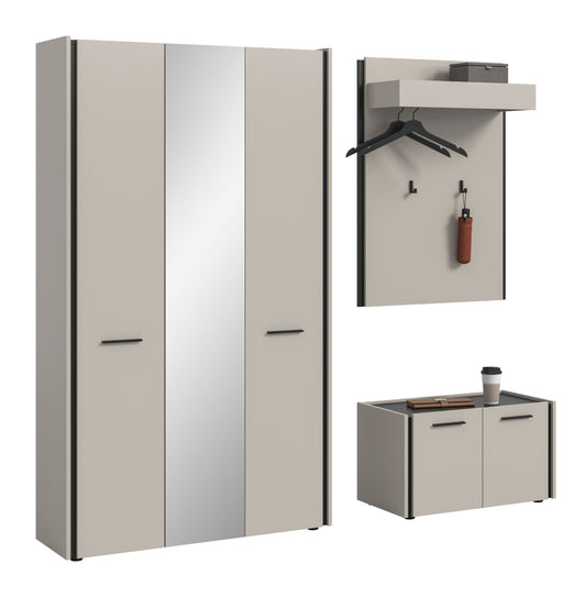 Garderobenschrank-Set mit zweiflügeliger Drehtür, beige/weiß, schmale Griffleisten