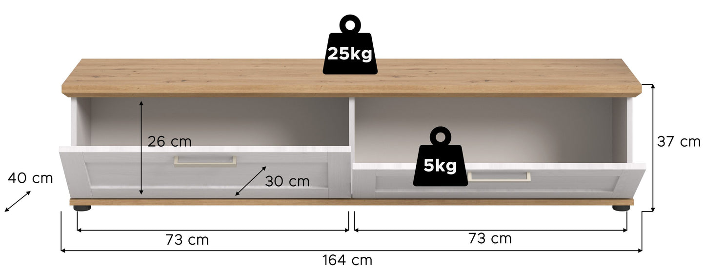 Maßskizze TV-Lowboard: 164×73×37 cm, Holzoberteil, zwei Schubladen