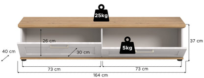 Maßskizze TV-Lowboard: 164×73×37 cm, Holzoberteil, zwei Schubladen