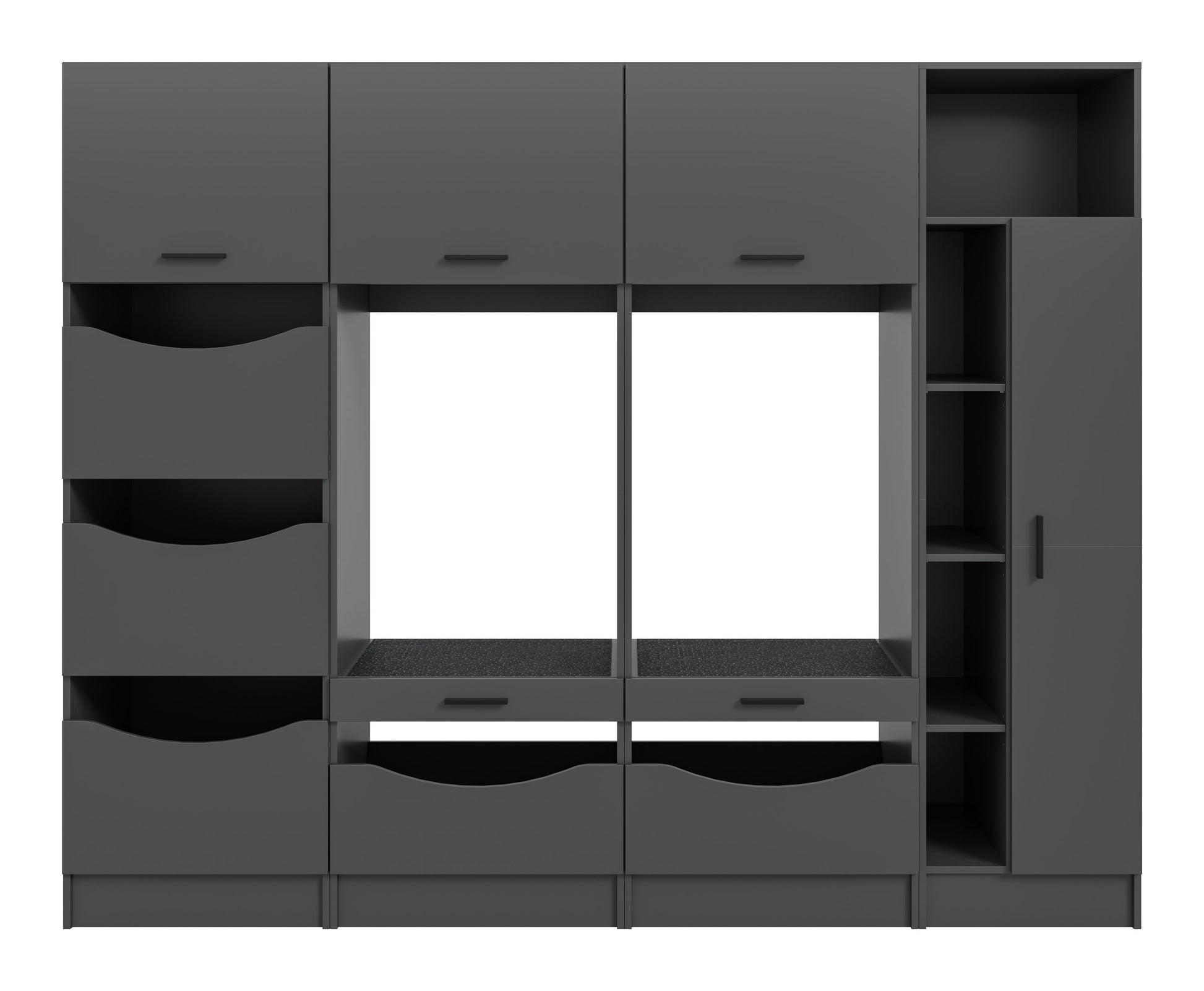Waschmaschinenschrank-Set in Dunkelgrau, Front mit offenen Fächern, Schubladen und seitlichem Fach