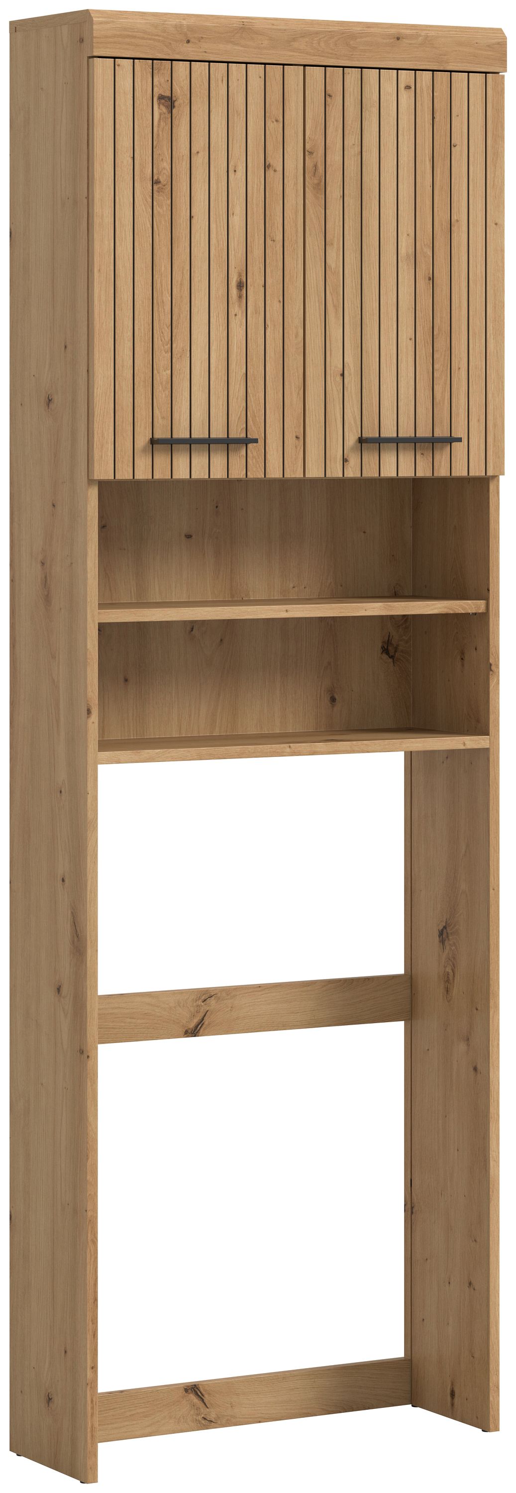 Waschmaschinenüberbau mit Ablagefächern, Holzoptik, offene Mittelablage