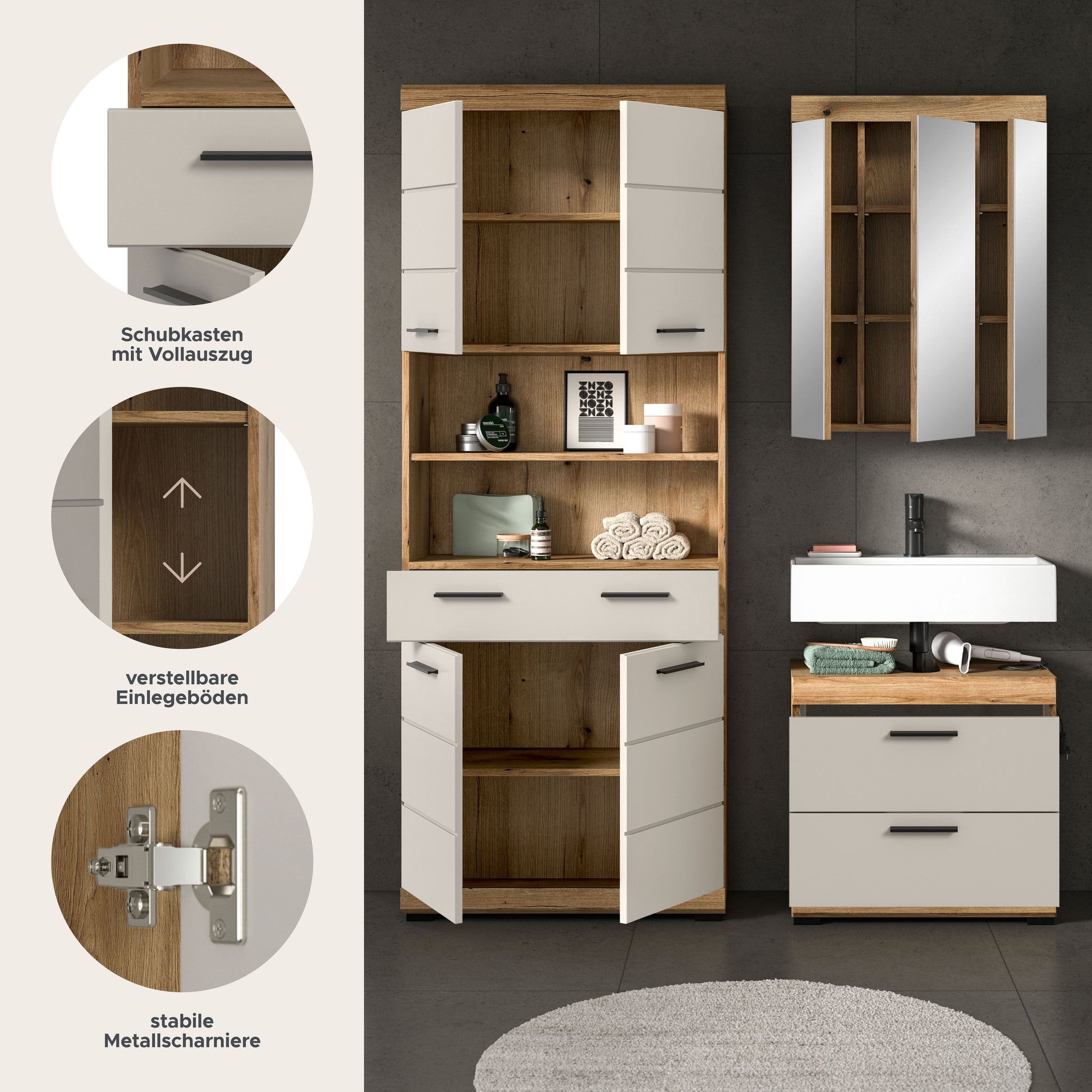 Badezimmerset mit Spiegelschrank und Waschtischunterschrank, weiß und Holzdekor