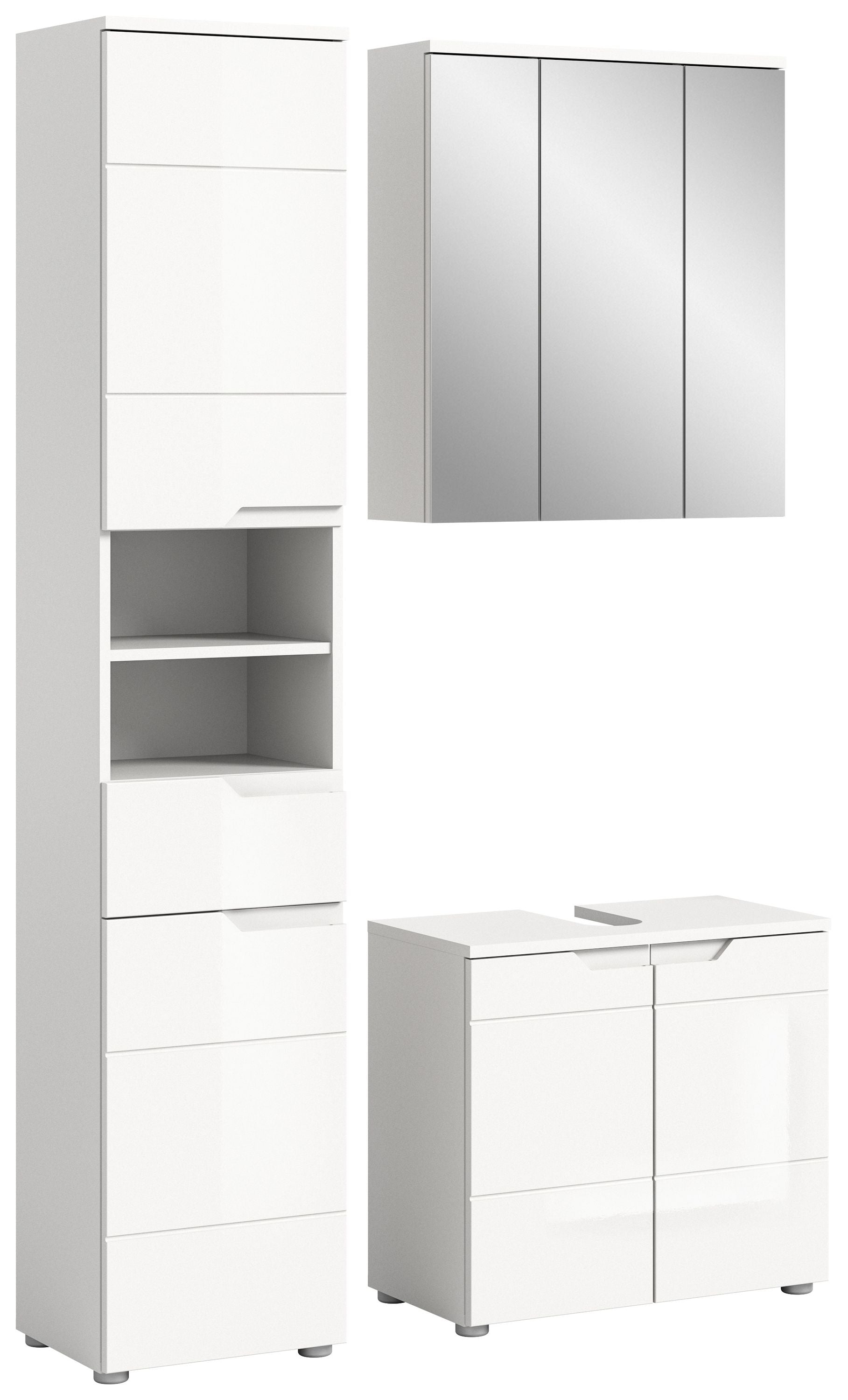 Badmöbelset mit Hochschrank und Unterschrank, weiße Hochglanzfronten und Türen
