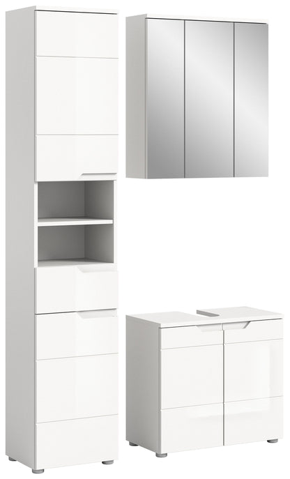 Badmöbelset mit Hochschrank und Unterschrank, weiße Hochglanzfronten und Türen