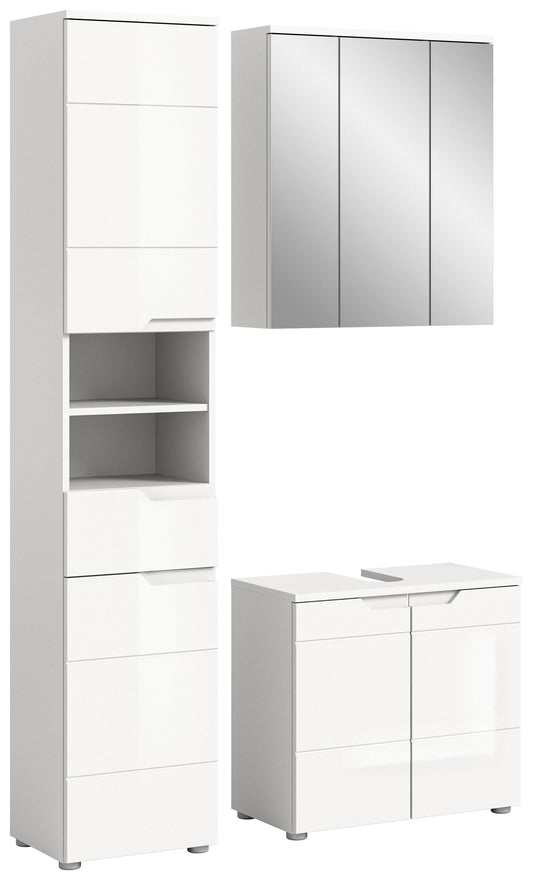 Badmöbelset mit Hochschrank und Unterschrank, weiße Hochglanzfronten und Türen