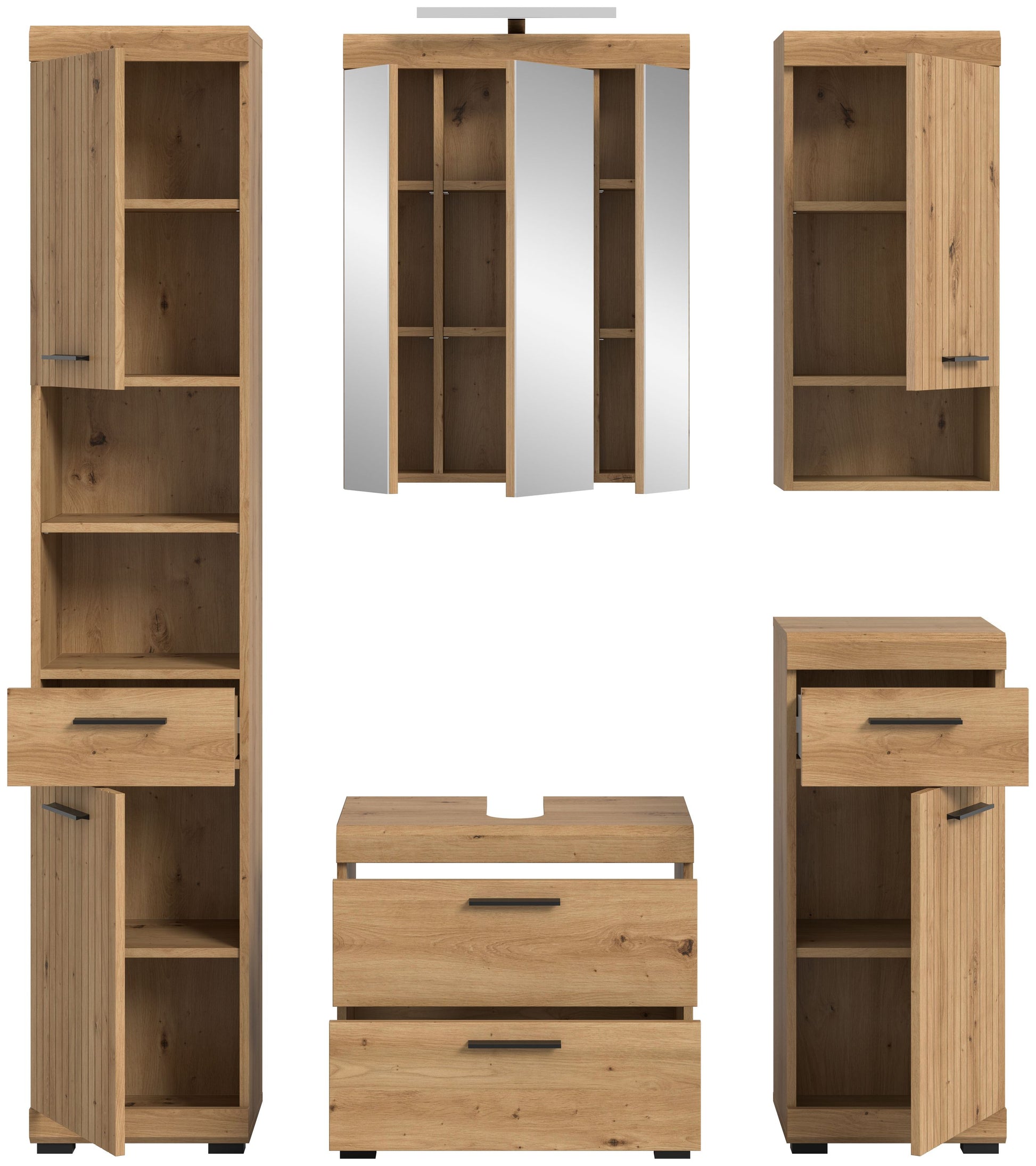 Badezimmerset 5-tlg. mit offenen Fächern und Schubladen, Holzoptik und Spiegelschrank