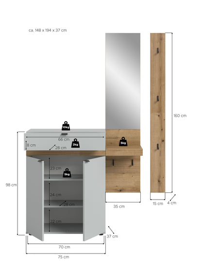 Garderobenset mit Spiegel und Schuhkommode; Seitenpaneel mit Abmessungen in der Ansicht