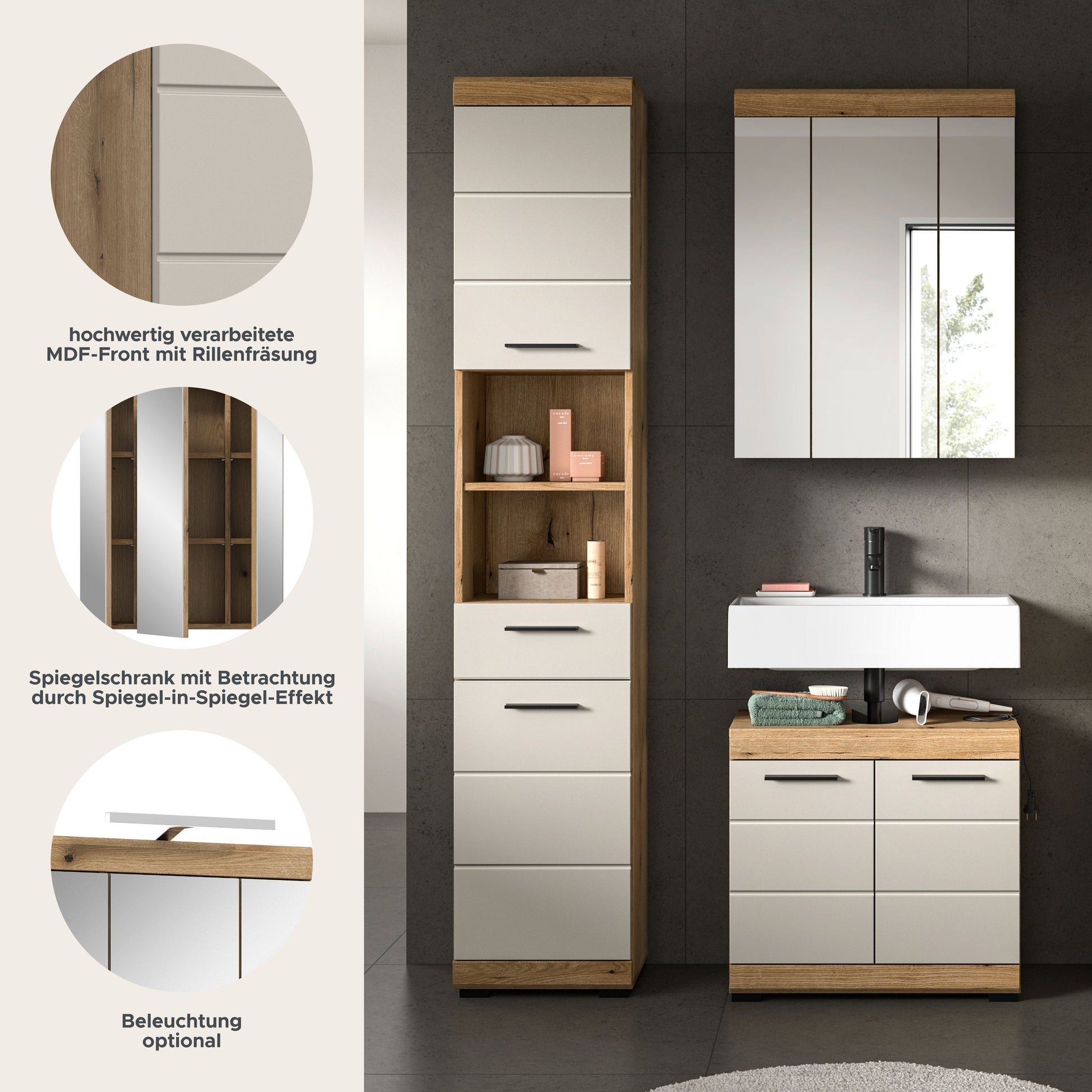 Badezimmerset mit Hochschrank und Spiegelschrank, weiße Front und Holzinnenraum