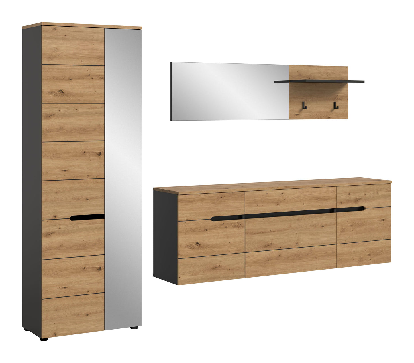 Homes & Jones Garderobenset mit Spiegel-Kommode und schmalem Schrank, Eiche-Look, schwarze Griffleisten