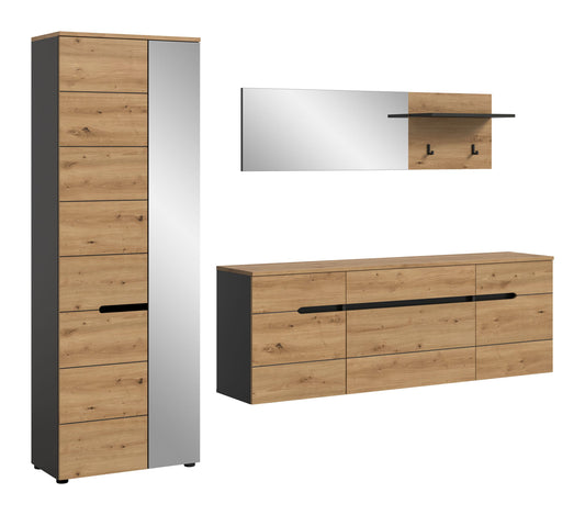 Homes & Jones Garderobenset mit Spiegel-Kommode und schmalem Schrank, Eiche-Look, schwarze Griffleisten