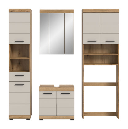 Badezimmerset mit Hochschrank, Spiegelschrank und Waschtischunterschrank in Weiß und Holzoptik